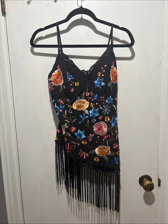 Cache Tops - Cache Black Floral Embroidered Fringe Tank Top